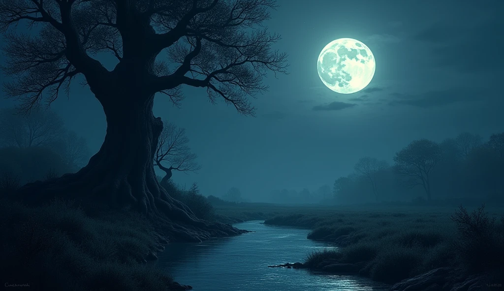 Moon, night, stream, big tree