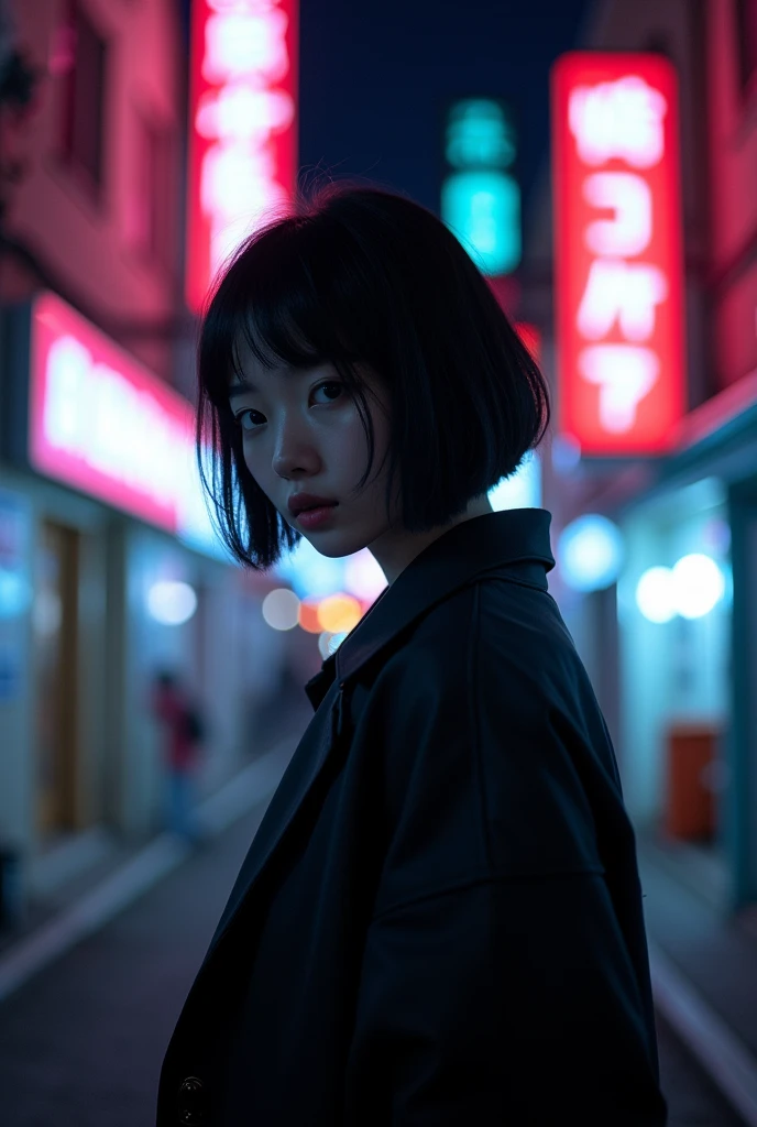 "Photo of a young Korean woman with short hair, seen from the back, on a nighttime street with neon signs, dressed modestly."