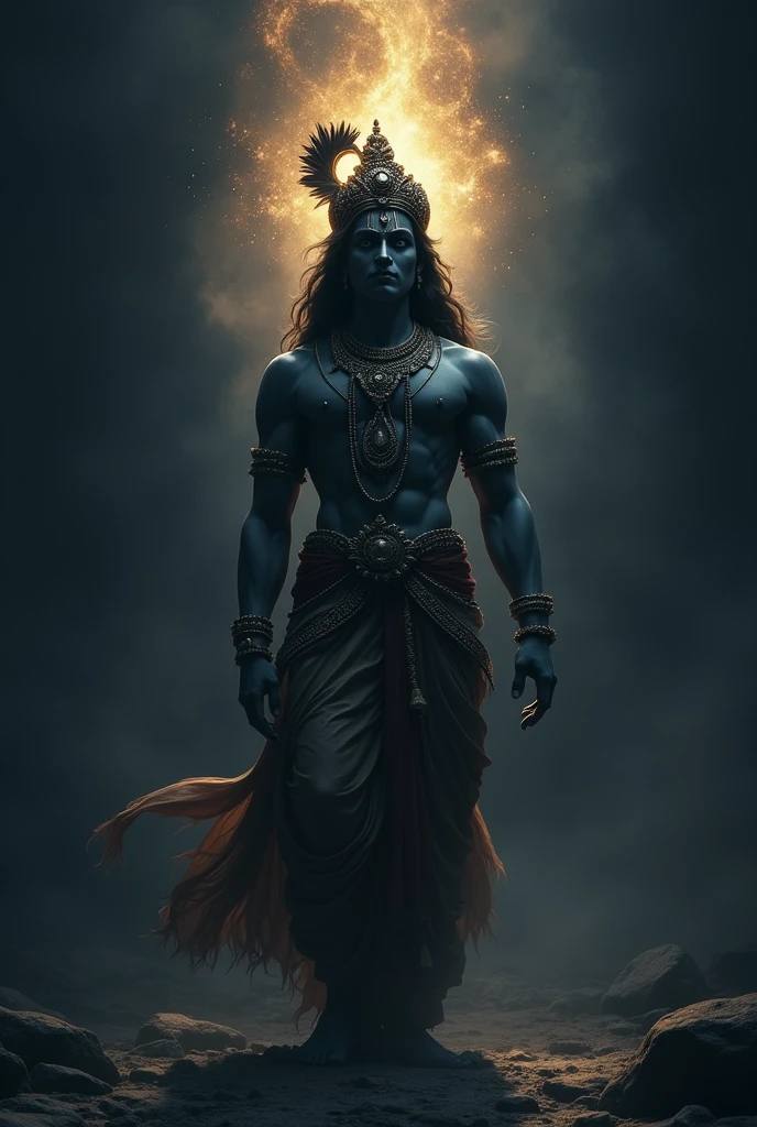 Black background light sun dark night and lord krishna standing