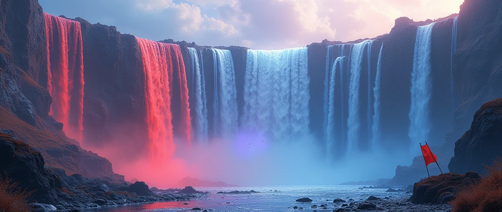 masterpiece ,8k,wallpaper, landscape , red blue and bits of purpurle waterfall, futuristuc style , flags in the wind, wind bells