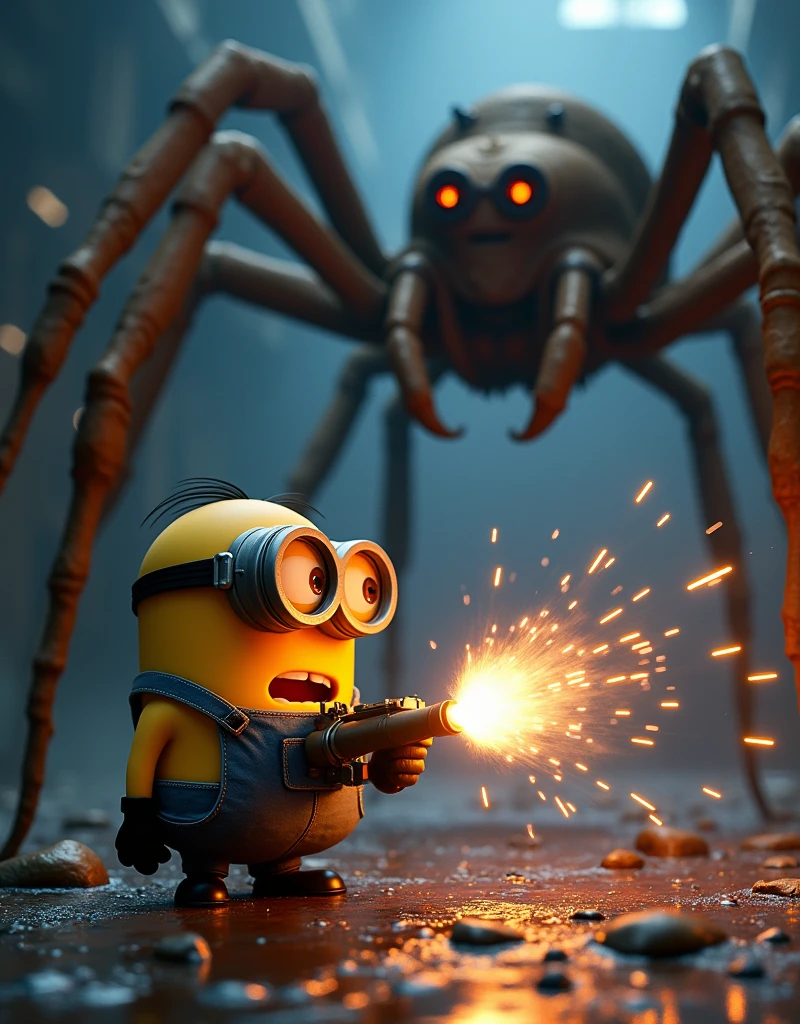 Minion Kevin standing in front of the energy cannon, aim at the new giant spider. A bright light burst from the cannon as Kevin pulled the trigger., The surroundings are dimmed by strong light., create a tense and dramatic scene.