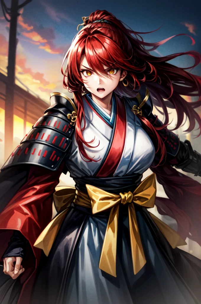 earing armor One adult female, wearing light armor, wearing black kimono, Long Hair, red hair, golden Eyes, snake pupils, Light makeup, intense anger, tite waist, full body, big hair, hair over eye, anime, cinematic lighting, cowboy shot, UHD, retina, masterpiece, accurate, anatomically correct, textured skin, super detail, high details, high quality, award winning, best quality, highres, 8k