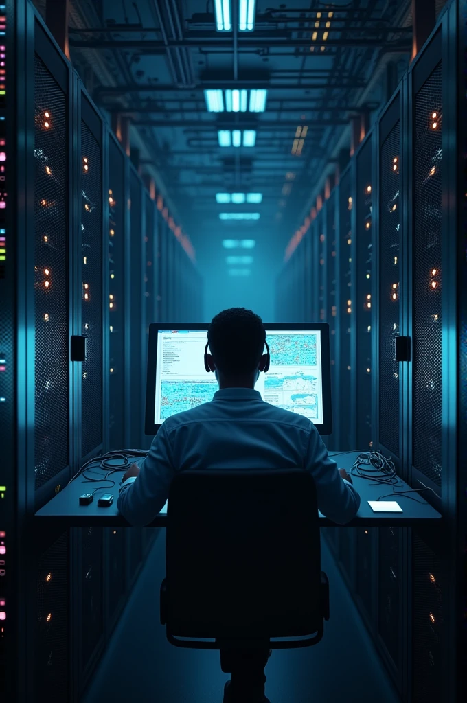 Laptops, networks and data centers with a black male IT support technician working in a dark server room. Computers, cyber security and analytics with a male programmer troubleshooting or solving a problem