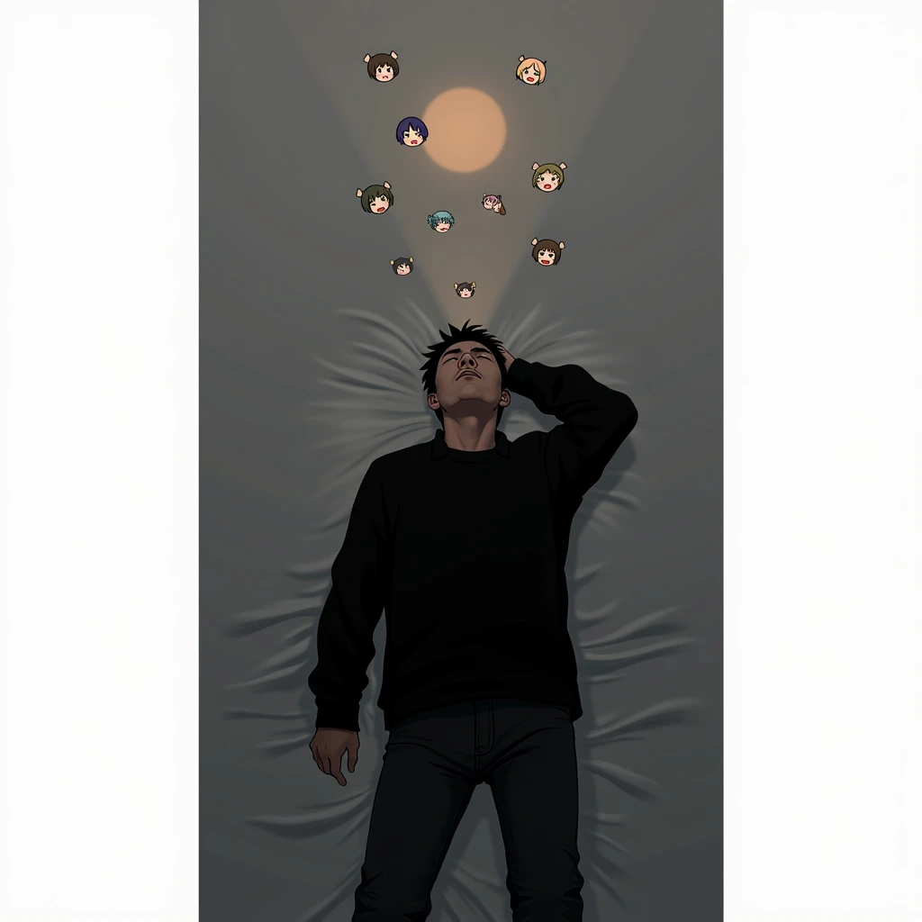 A tired-looking man is lying in the dark room with his eyes closed and in his imaginary world, with a bright haze over his head and in the haze a lot of chibi anime characters are smiling and playing around happily