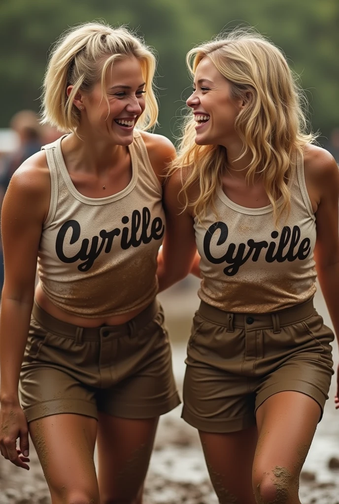e qualité de 2 femmes blondes, l'une d'elle a les cheveux courts l'autre les cheveux longs. Elles sont toutes les 2 déguisées en cheerleader avec écrit sur le torse "Cyrille". Elle sont dans la boue