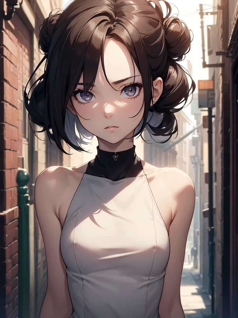 (8K, Best Quality, Masterpiece, Ultra High Resolution) Single Person, 1 Girl, Cute Eyes, Face Details, Pale Skin, Slender, Short, Black Hair, Slender Body, Spikey Hair Buns, Brown Eyes, Dark Alleyway, Best Quality, Upper Body, Looking at the Viewer, Facing Viewer, Close Up