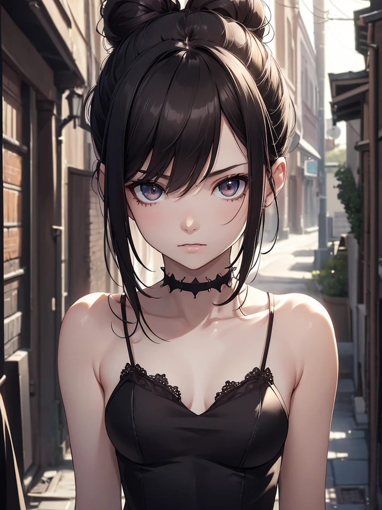 (8K, Best Quality, Masterpiece, Ultra High Resolution) Single Person, 1 Girl, Cute Eyes, Face Details, Pale Skin, Slender, Short, Black Hair, Slender Body, Spikey Hair Buns, Brown Eyes, Dark Alleyway, Best Quality, Upper Body, Looking at the Viewer, Facing Viewer, Close Up