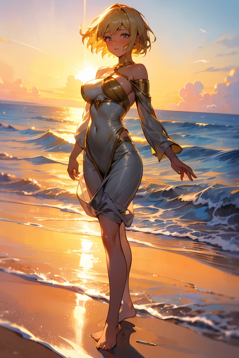 ((masterpiece, best quality)), Epic battlefield atmosphere,Delicate face,goddess,Wheat skin,seaside,Beach,whole body,Standing picture,glowing eyes,Large Breasts,Perfect body proportions,Pure white background,firefly,Transparent sex bikini