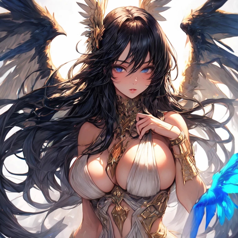 Beautiful girl with long black hair and blue eyes and bird wings with big breasts UHD, textured skin, super detail, high details, high quality,