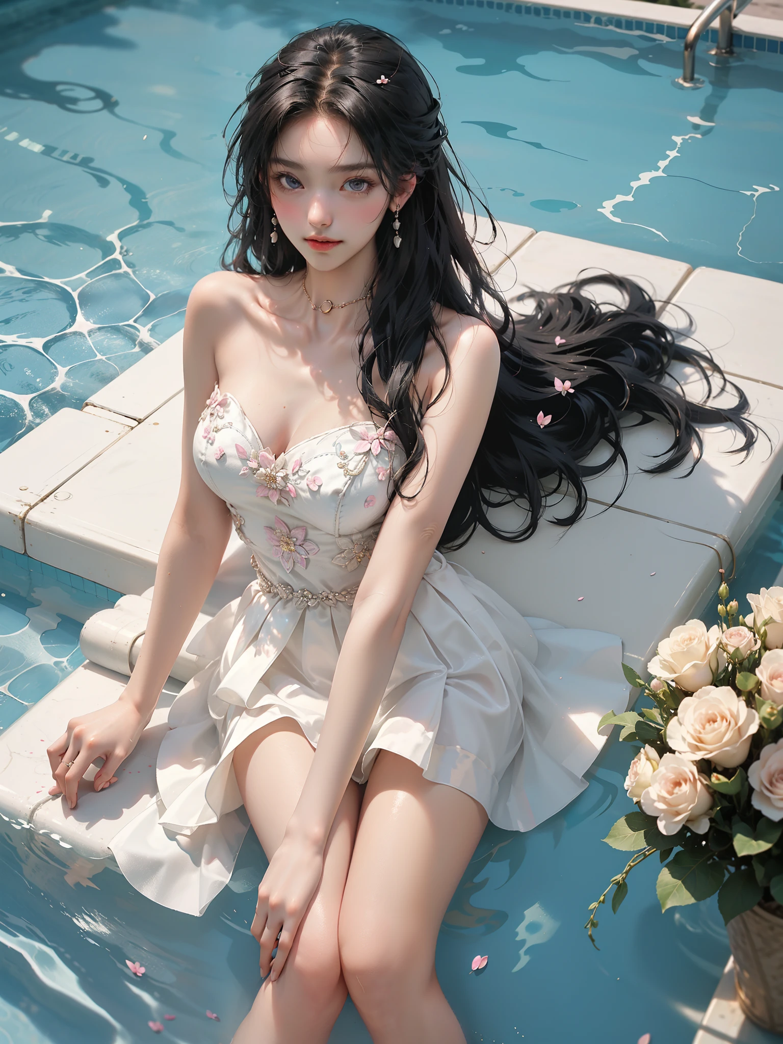 ((Girl lying in the swimming pool))、She gently lifted her skirt with one hand,Make gentle and playful gestures,((Lots of flowers瓣)), Lots of flowers,Many petals scattered,Cherry tree,Petals are flying all over the sky,Beautiful and charming woman, Elegantly, Her full breasts revealed.,Visible cleavage,The skirt is short,Natural legs,Sexy long legs,Slim and cute beauty, Eyes sparkling,Her skin is flawless。Her curves are highlighted。Shine in the light,The color is pastel,She lay confidently,One hand on hip,Her posture is both graceful and strong..。She wore elegant high heels,It matches her dress very well.。In the warm golden sun。The overall atmosphere of the picture is peaceful and uplifting,Emphasis on natural beauty and elegance, Studio Lighting,Vibrant colors, Cute girl, sweet smile, cosmetic,Shy,blush,open mouth,Heavy breathing,moan,超realism,realism,Movie Lighting,Comfort,Sony FE GM,Retina,masterpiece,precise,Anatomically correct,Textured Skin,Super Detail,High Detail,best quality,rich and colorful