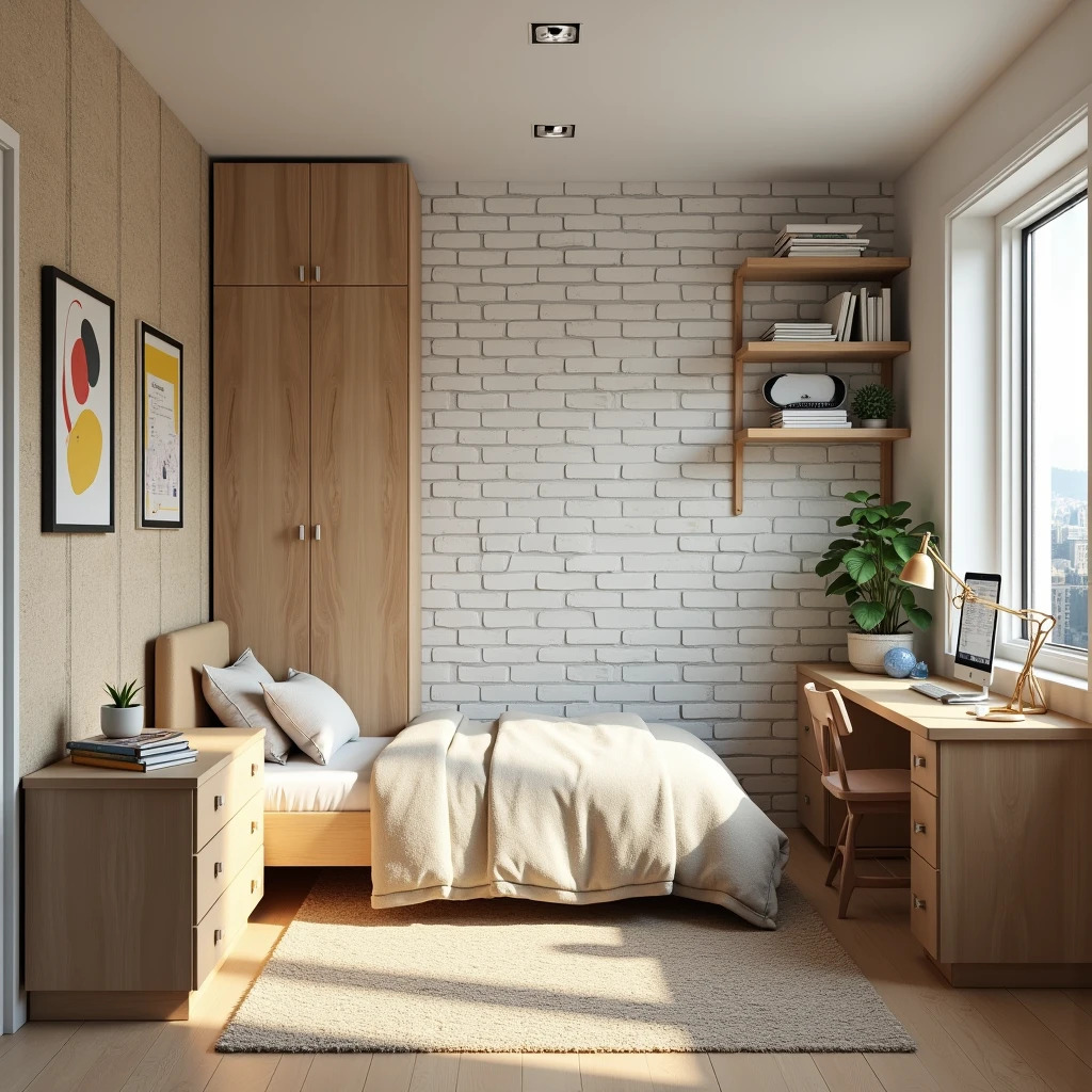 Small modern schoolgirl room. Decorative wall in white 19th century brick. Decorative wall of rustic board , single bed, homework desk, two-door wardrobe, bookcase, office chair, computer, monitor, school supplies.
Style: modern, photo-realism, minimalism.