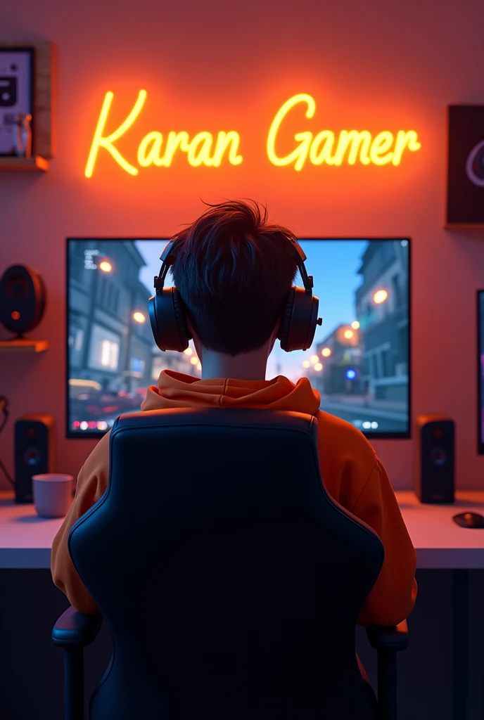 

Create A 3D Realistic image of a Boy sitting in gaming room on gaming chair and playing on Free Fire application on his pc. The boy must wear dark orang hoodie headphones And his name "Karan Gamer" is Written on the wall with orange colour neon light.