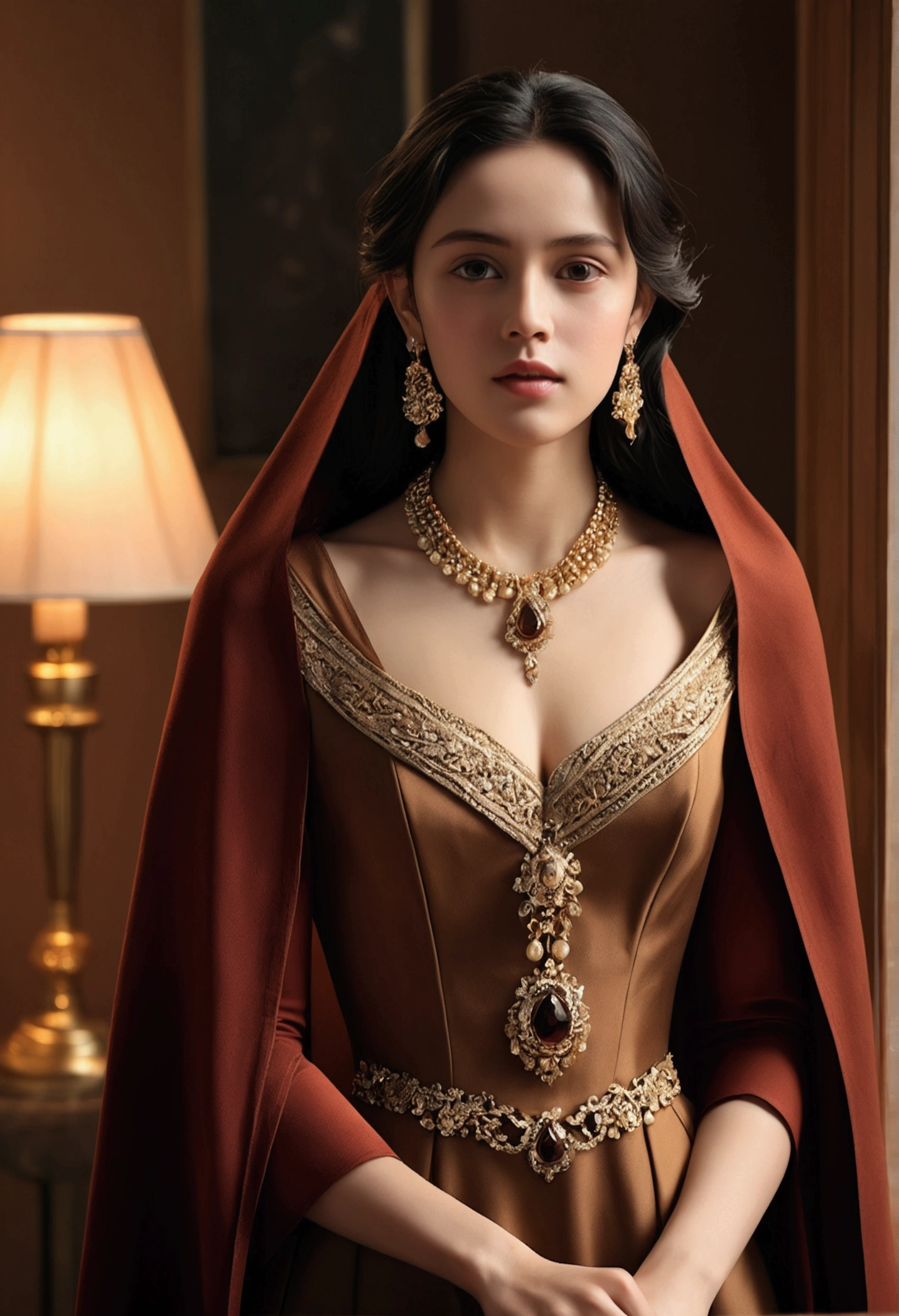 (Highest quality:1.4),(masterpiece:1.4),(Realistic:1.4),(Realistic:1.2),(超High resolution, RAW Photos:1.4),(High resolution, Ultra-detailed:1.2),(8k:1.2),View your viewers,Cinematic photography,One person,skeletally correct,Black-haired woman,Woman in her early 20s,(Small earrings,necklace,Brown cape collar dress),(Western-style building interior,Dimly lit room,The lamplight shines on my cheeks,kneel)