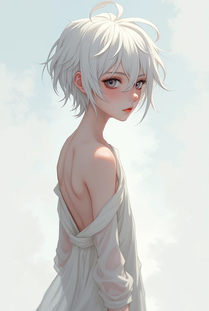 Make a naked anime boy with white hair