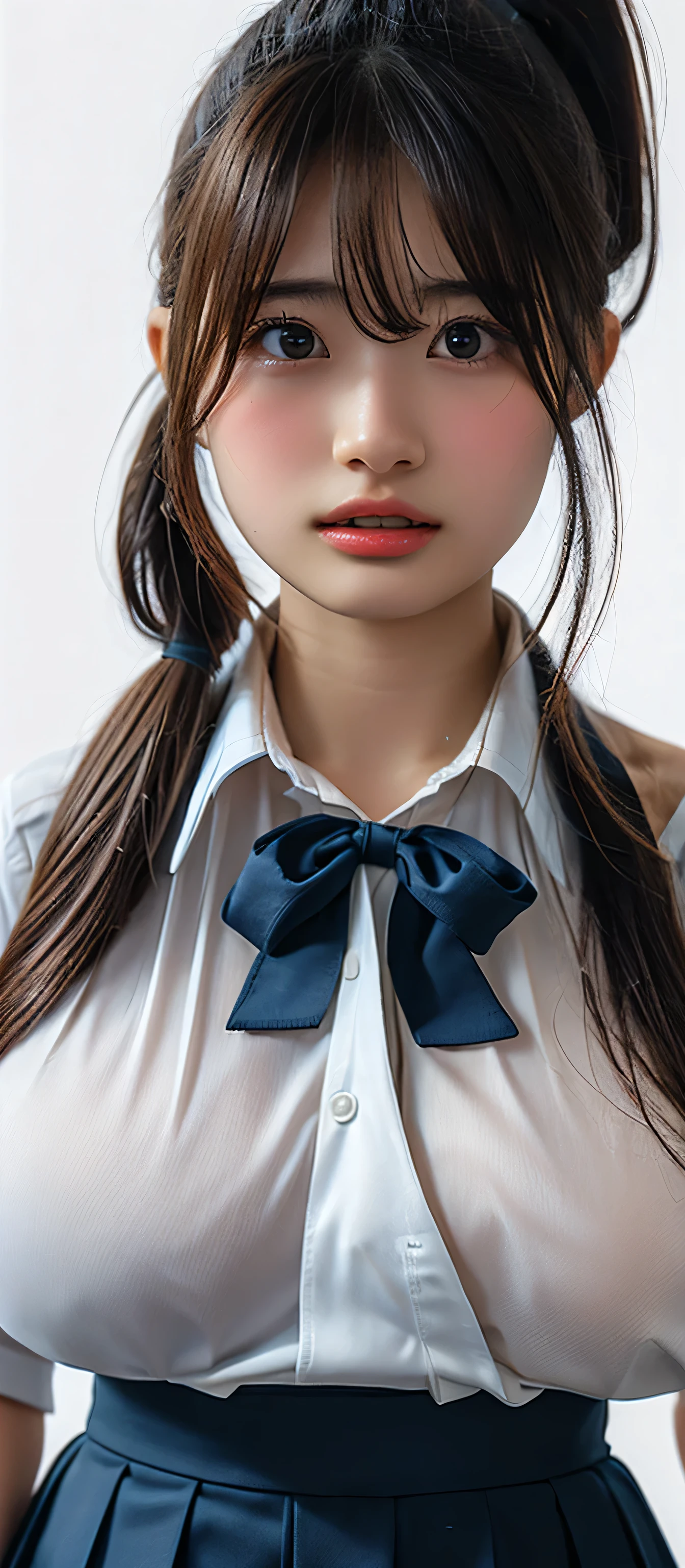 (Highest quality、Tabletop、、Best image quality、Award-winning works)、Cute school girl、けたWhite polyester collared shirt、Short sleeve:1.4)、(Navy Pleated Skirt:1.1)、Portrait of、Glowing Skin、Brown Hair、Are standing、Random poses of gravure models、(The simplest pure white background:1.1)、(Extremely large face and larger breasts:1.95)、Accentuate your body lines:1.1)、Very large red ribbon tie、(ponytail:1.45)、((smile))、((Half naked))