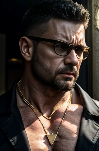 Wild muscle man, (40 year old dad:1.1), Chico 1, alone, Grey Hair (Black dress shirt), (Big shoulders), Muscle tissue, Nargon, Stubble, Short Beard, Sharp Eye:1.3), (Detailed face:1.3), Wearing glasses, smile, Dynamic Angle, Volumetric lighting, (Highest quality, High resolution, Realistic), Cinema Lighting, masterpiece, Raw photo, Intricate details, High resolution, whole body, Tight jeans ,Cross your arms、Gold Necklace、Gold Bracelet、Huge pectoral muscles、Giant Arms、glare、darkness,Darkness,Angry, anger vein, sweating, tattoo、evil、Intimidating、Overbearing、暗darkness、boss, mafia、tobacco、screaming,Sulky face、darknessの組織、Devil、evilに染まった男