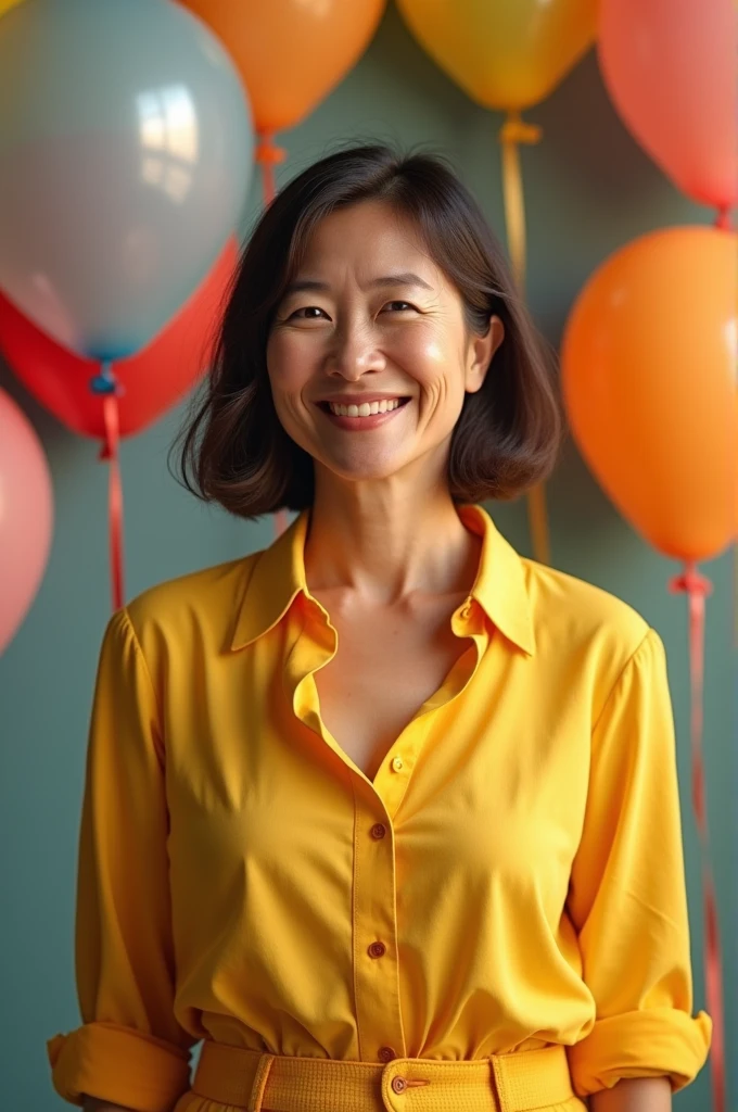 Realistic, beautiful senior 55 years woman, dark brown bob hairstyles, thin smile, wearing yellow shirt and pants, balloons on the background