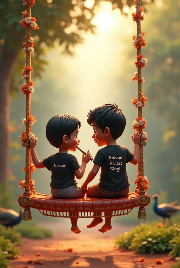 Create 3D image of 1 Indian devotional boy sitting next to bholenath ji and bholenath ji is playing flute, they both are on swing and swing is nicely decorated and sitting together, boy is wearing black color T-shirt with name “shivam pratap singh” written on it, heaven like beautiful scene background, peacock dance, realistic image and boy is bare feet.