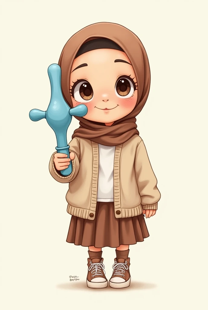 Cartoon with text: 
Cute and adorable face, big detailed eyes, Cute  cartoon girl, with brown hijab on, wearing oversized beige cardigan, white shirt, brown skirt, brown socks, sneakers, holding a giant dildo, blue dildo 