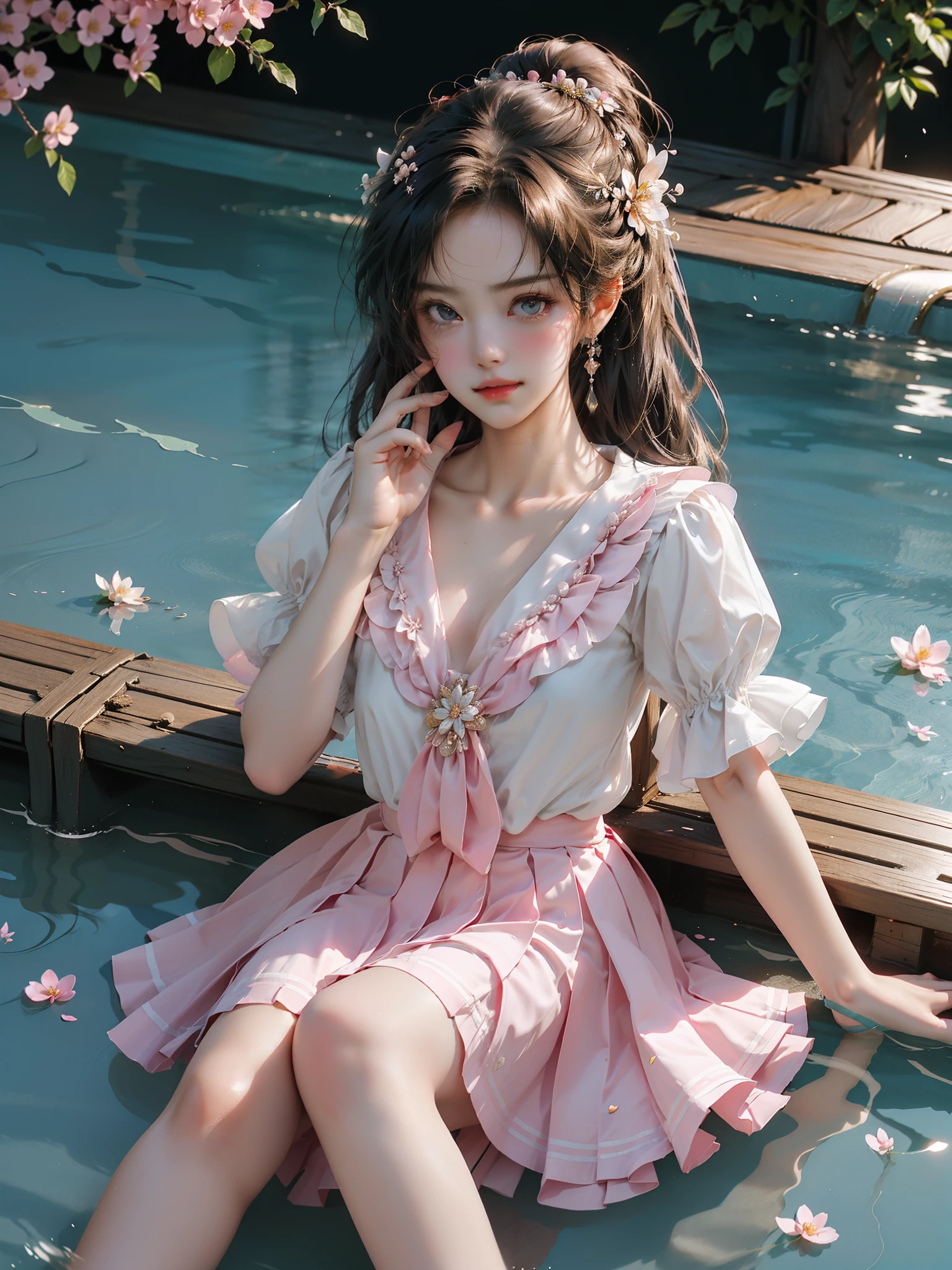 （(Girl lying in the swimming pool))、She gently lifted her skirt with one hand，Make gentle and playful gestures，((Lots of flowers瓣)), Lots of flowers，Many petals scattered，Cherry tree，Petals are flying all over the sky，Beautiful and charming woman, Elegantly, Her full breasts revealed.，Visible cleavage，The skirt is short，Natural legs，Sexy long legs，Slim and cute beauty, Eyes sparkling，Her skin is flawless。Her curves are highlighted。Shine in the light，The color is pastel，She lay confidently，One hand on hip，Her posture is both graceful and strong..。She wore elegant high heels，It matches her dress very well.。In the warm golden sun。The overall atmosphere of the picture is peaceful and uplifting，Emphasis on natural beauty and elegance, Studio Lighting,Vibrant colors, Cute girl, sweet smile, cosmetic，Shy，blush，open mouth，Heavy breathing，moan，超realism，realism，Movie Lighting，Comfort，Sony FE GM，Retina，masterpiece，precise，Anatomically correct，Textured Skin，Super Detail，High Detail，best quality，rich and colorful