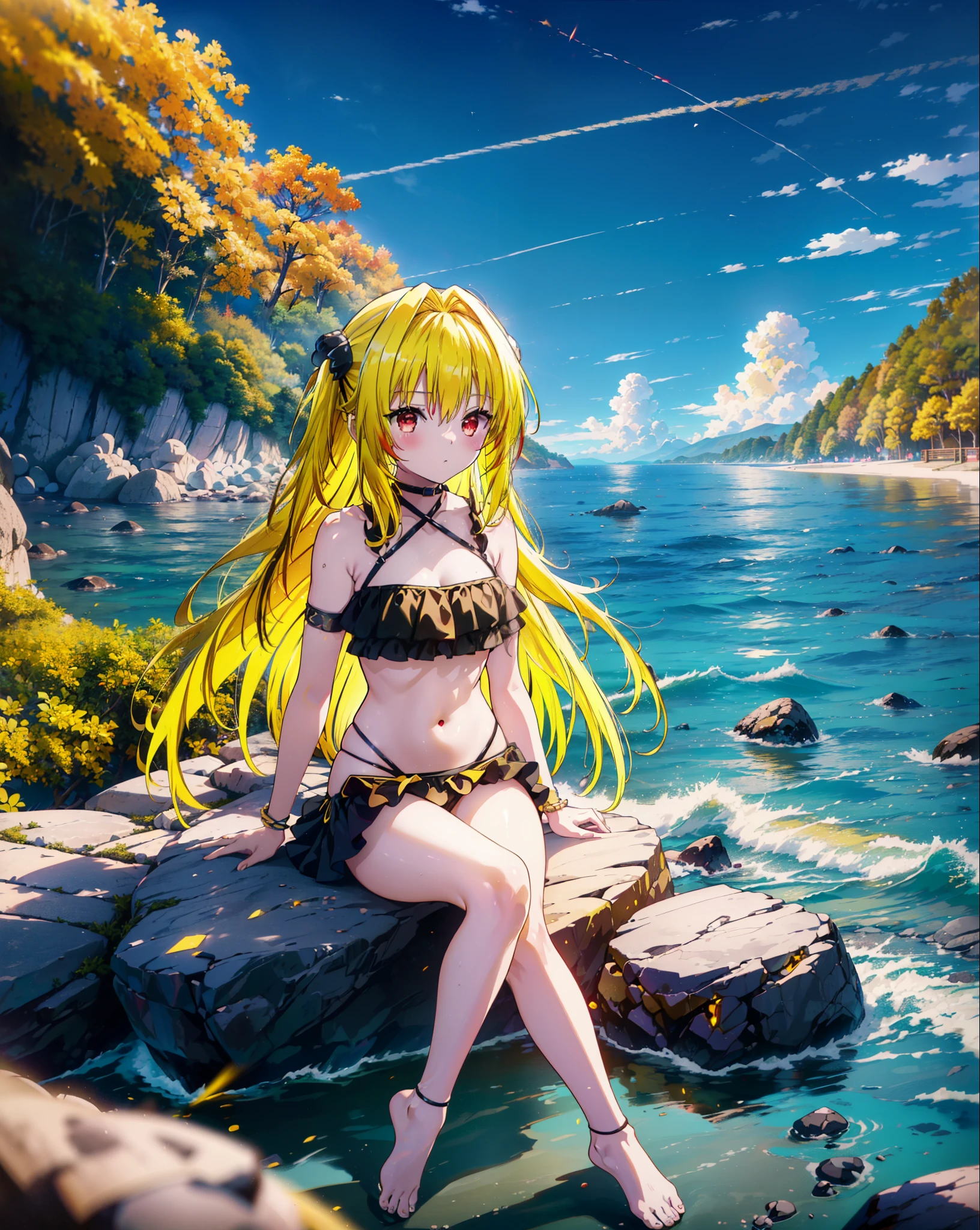toloverumy, my, (Yellow Hair:1.5), Long Hair, (Red eyes:1.5), (hair ornaments:1.2), Both sides up, Black frilly bikini swimsuit,,barefoot,Sitting on a big rock,Rocky area,night,moonlight,meteor,whole bodyがイラストに入るように,
break outdoors, Beach,
break looking at viewer, whole body,
break (masterpiece:1.2), Highest quality, High resolution, unity 8k wallpaper, (figure:0.8), (Beautiful attention to detail:1.6), Highly detailed face, Perfect lighting, Highly detailed CG, (Perfect hands, Perfect Anatomy),