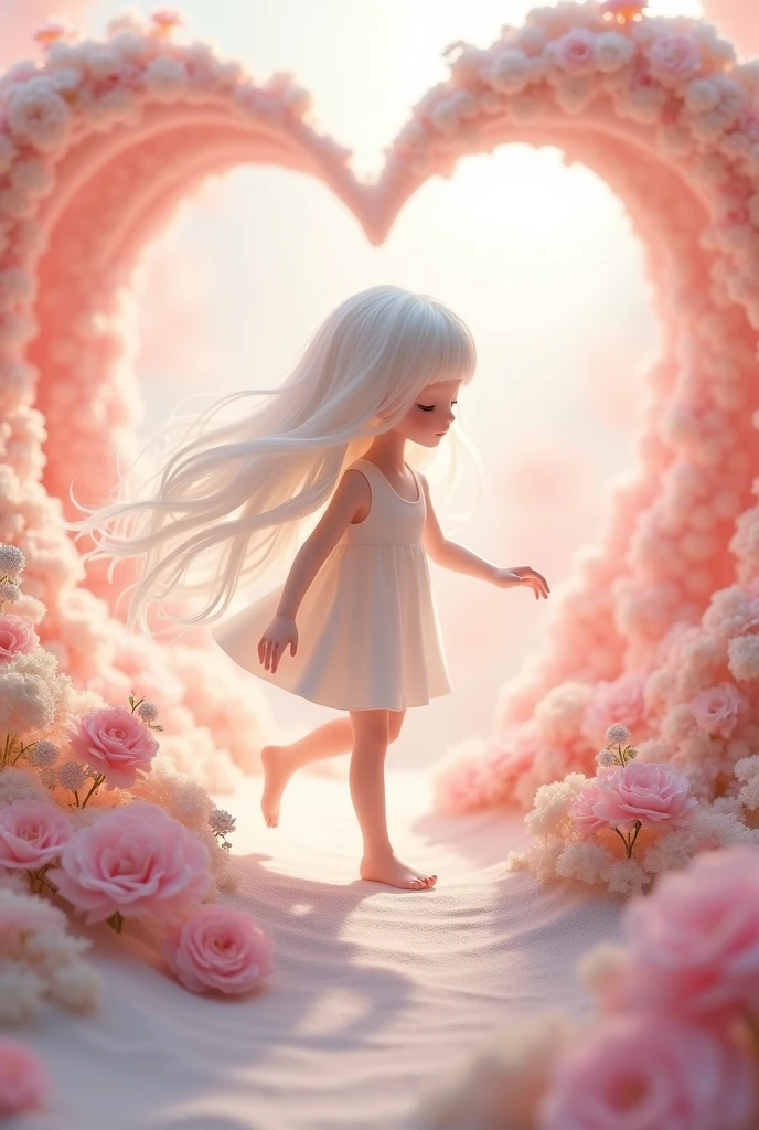 
Porcelain girl with white hair and short white dress is walking around the mini smart toilet in a romantic pink heart scene