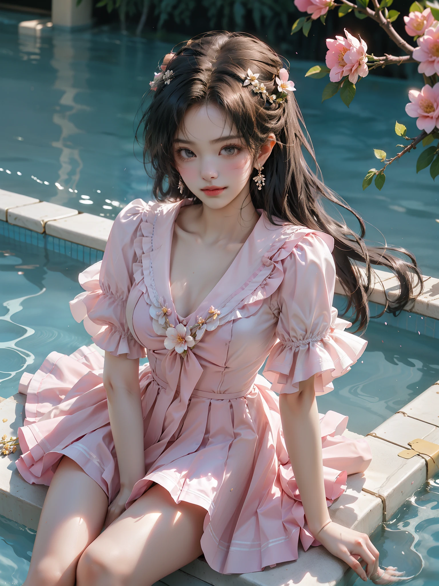 ((Girl lying in the swimming pool))、She gently lifted her skirt with one hand,Make gentle and playful gestures,((Lots of flowers瓣)), Lots of flowers,Many petals scattered,Cherry tree,Petals are flying all over the sky,Beautiful and charming woman, Elegantly, Her full breasts revealed.,Visible cleavage,The skirt is short,Natural legs,Sexy long legs,Slim and cute beauty, Eyes sparkling,Her skin is flawless。Her curves are highlighted。Shine in the light,The color is pastel,She lay confidently,One hand on hip,Her posture is both graceful and strong..。She wore elegant high heels,It matches her dress very well.。In the warm golden sun。The overall atmosphere of the picture is peaceful and uplifting,Emphasis on natural beauty and elegance, Studio Lighting,Vibrant colors, Cute girl, sweet smile, cosmetic,Shy,blush,open mouth,Heavy breathing,moan,超realism,realism,Movie Lighting,Comfort,Sony FE GM,Retina,masterpiece,precise,Anatomically correct,Textured Skin,Super Detail,High Detail,best quality,rich and colorful