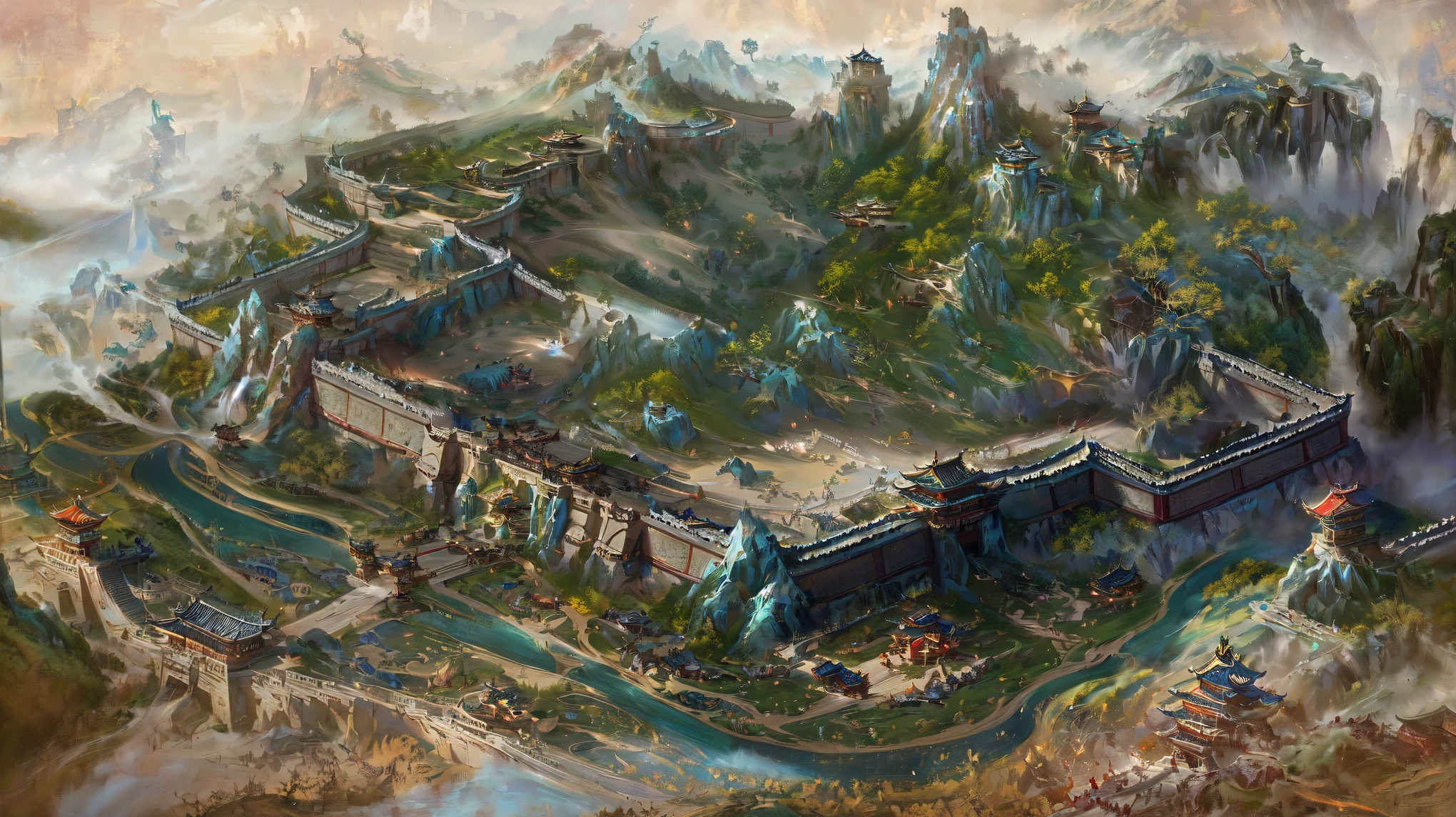 There is a painting,There is a castle in the middle of a mountain in the painting, Game map painting, Concept art is very detailed, Draw as game concept art, Beautiful rendering of the Tang Dynasty, Three Kingdoms of China, Ancient city landscape, Dota! Concept Art, Dota Concept Art, G Liulian art style, by Li Zai, Detailed 4k concept art