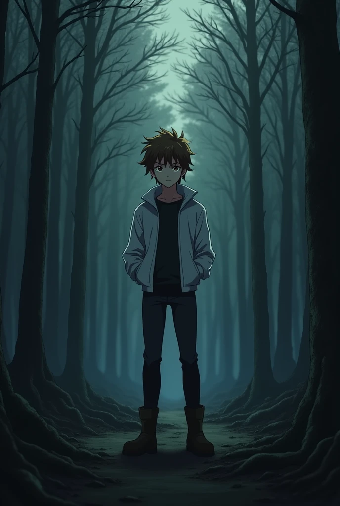 The image is in adult anime style cowboy bebop or Darker than black style with shadows and dim lights, anime style although somewhat adult and dark, It shows a single 2 young man, who has short, uneven wavy brown hair and is wearing a white jacket, He wears boots and has brown eyes.. It&#39;s in a dark forest.. He is standing in the middle of the forest. He seems determined