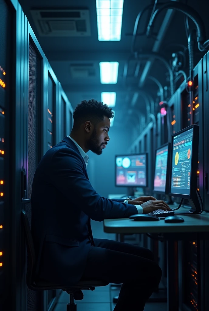 Laptops, networks and data centers with a black male IT support technician working in a dark server room. Computers, cyber security and analytics with a male programmer troubleshooting or solving a problem