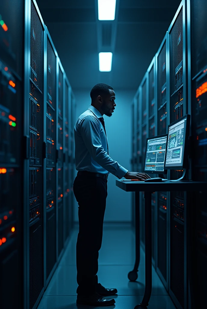 Laptops, networks and data centers with a black male IT support technician working in a dark server room. Computers, cyber security and analytics with a male programmer troubleshooting or solving a problem