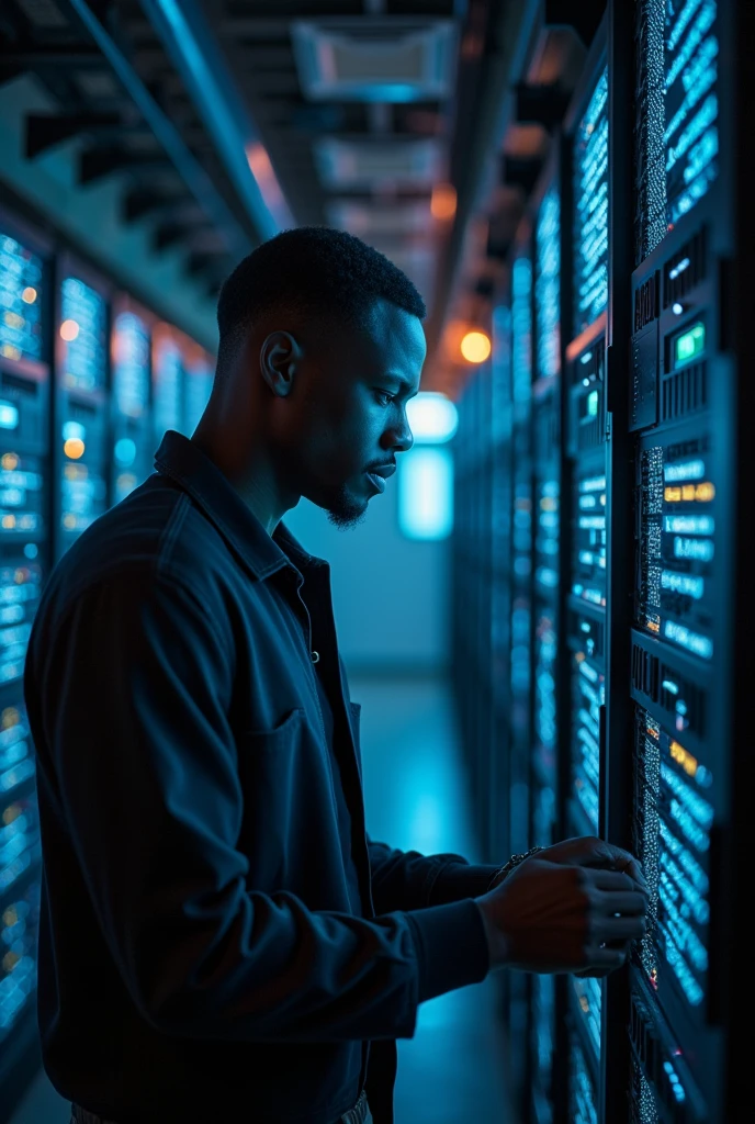 Laptops, networks and data centers with a black male IT support technician working in a dark server room. Computers, cyber security and analytics with a male programmer troubleshooting or solving a problem
