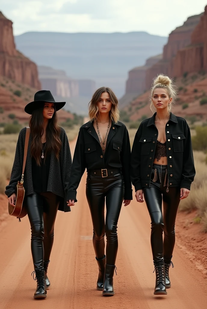 Three very beautiful and glamorous 20-something white women, members of an all-girl rock band, walking along a dirt, dusty road in the Grand Canyon、Promotional photos taken by a professional photographer with great angles and lighting、The three of them were walking through the wilderness in skintight black outfits, like a female version of U2.、A woman with long dark brunette hair is walking in the middle, holding a worn out Gibson acoustic guitar.、Black leather pants、Black boots、Black flannel shirt、Black tight rider jacket、Black distressed denim、Black tight outerwear、shiny blonde short bob hair,Very large, pendulous breasts、Large cleavage between swaying, saggy breasts、A wide shot of the girls walking bravely combines their whole bodies with the magnificent scenery of the Grand Canyon.、Sandstorm、Helicopter shot、Black Hat、Indian Accessories、Mysterious look、poncho、Very stylish and wild rock star style、bun hair,