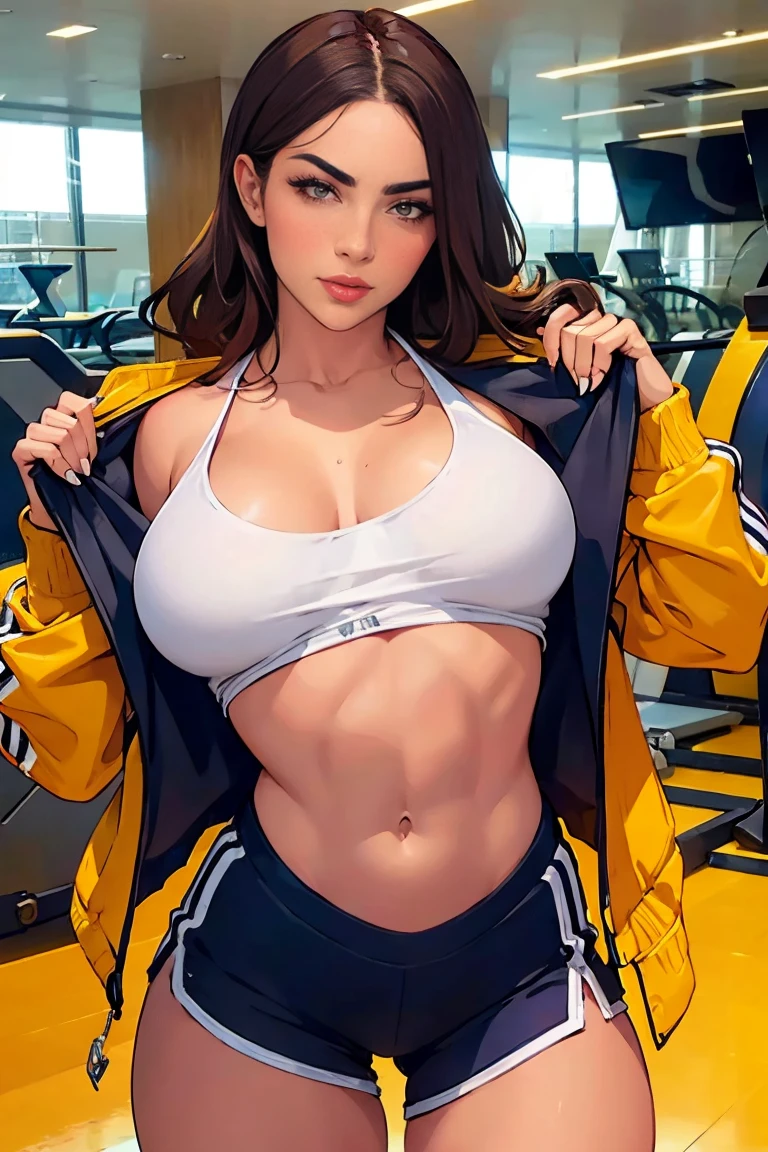 A sexy and exuberant young woman, self-styled with tempting curves, exhausted after training at the gym, com shorts pequenos e clanvage, amazing jacket.