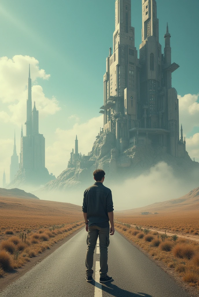 a man who is at a fork in the road and is confused about choosing between 2 roads, the first road leads to a big, very futuristic city and the other road is the road to a mechanical castle that can go anywhere