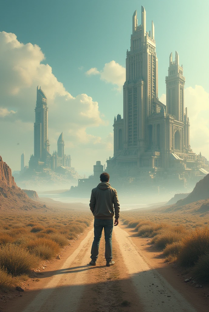 a man who is at a fork in the road and is confused about choosing between 2 roads, the first road leads to a big, very futuristic city and the other road is the road to a mechanical castle that can go anywhere