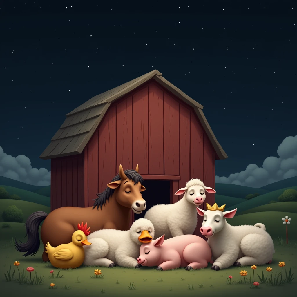 night sky with stars, chicken, duck, goat, sheep, pig, horse and cow sleep together, big red barn