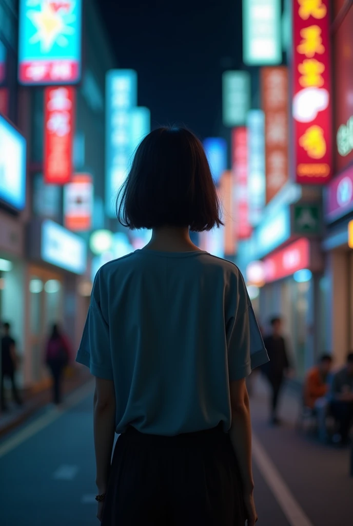 "Photo of a young Korean woman with short hair, seen from the back with her face not visible, on a nighttime street with neon signs, dressed modestly."