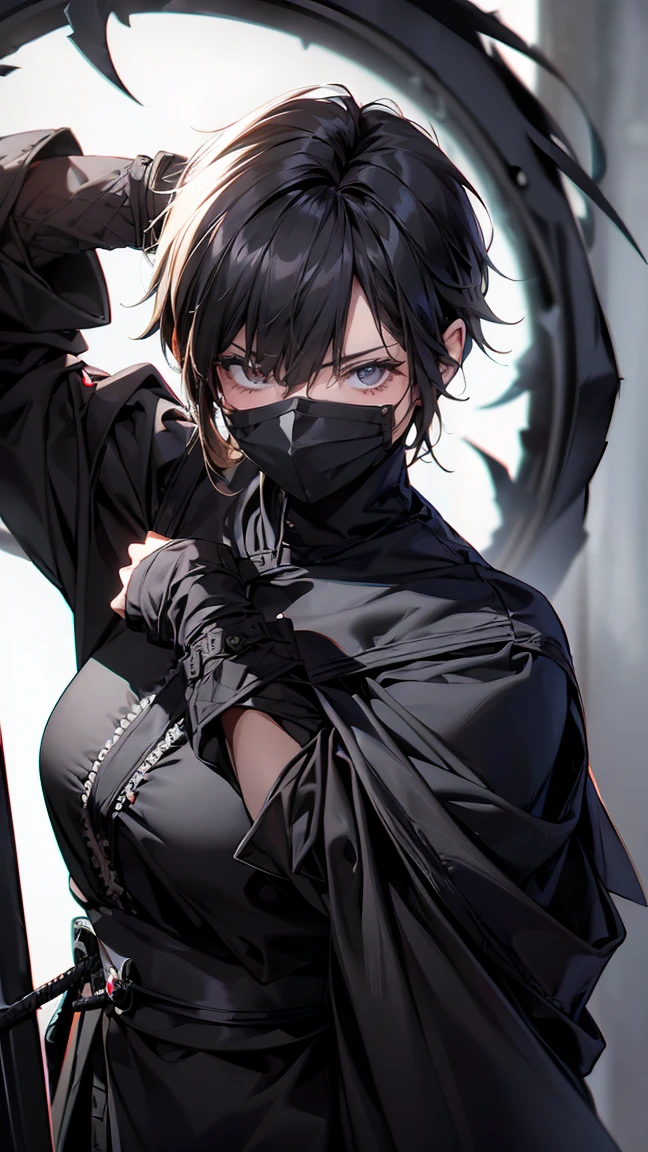 High resolution,high resolution,Girl,Black Hair,Short Hair,Purple Eyes,Slanted Eyes,Bad mood,boyish,slender,Toned body,Black Mask,,Moonlit Night,Ninja,Kunoichi,Tattoo,