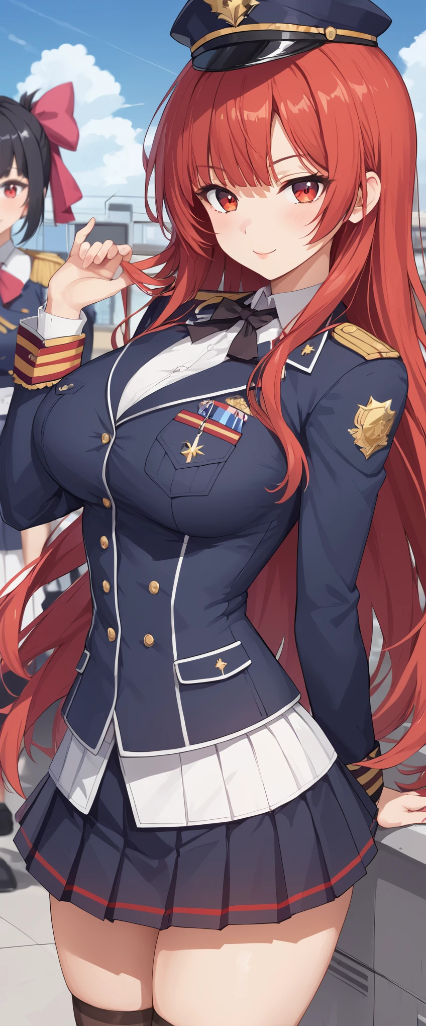 Highest quality　masterpiece　High resolution　One Girl　Hair color: black on the front and red on the back　Long Hair　(Big Tits)　uniform　(Pick up a mini skirt)　lure　City