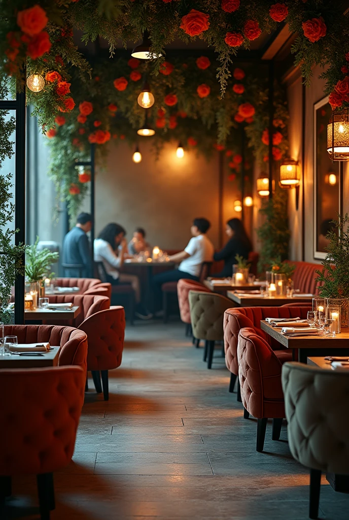 Restaurant in beige and blue tones, Photo, comfortable, dark atmosphere, Garlands, Upholstered armchairs, fresh flowers, People in the background, wide view