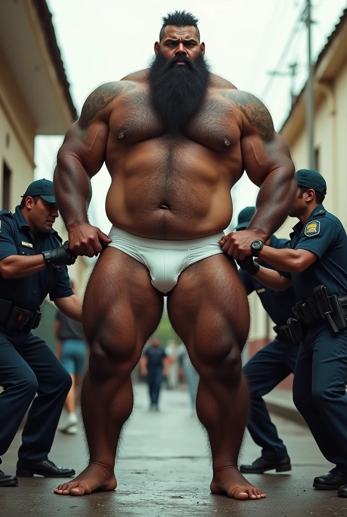A huge muscular giant Bolivian man, short hair, full beard and hairy, very hairy, standing, in white underwear, with legs apart from each other, with hands raised behind head, having his underwear pulled from both sides by the police, being searched.