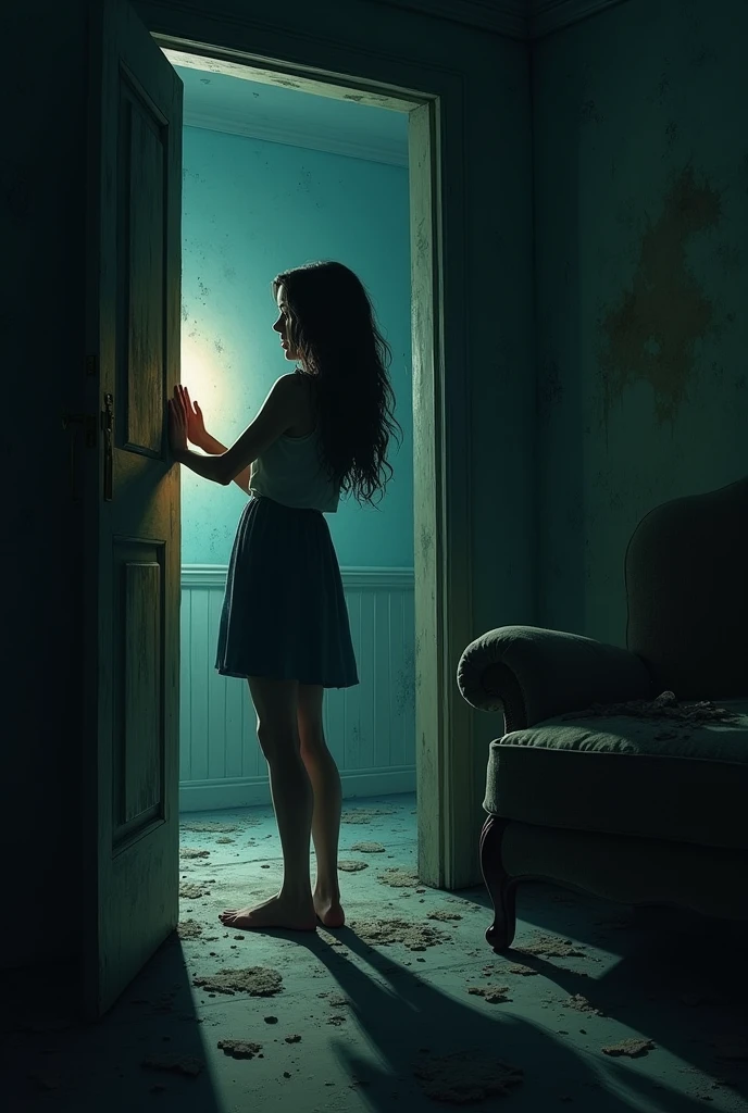 Emily pounded on the door, but it wouldn't budge. The room plunged into darkness as her flashlight died. The whispers grew louder and more frantic. She felt a cold hand brush her shoulder but saw no one
RUINED FURNITURE AND PEELING OF THE WALLPAPER SCARY, HORROR, INTENSE
