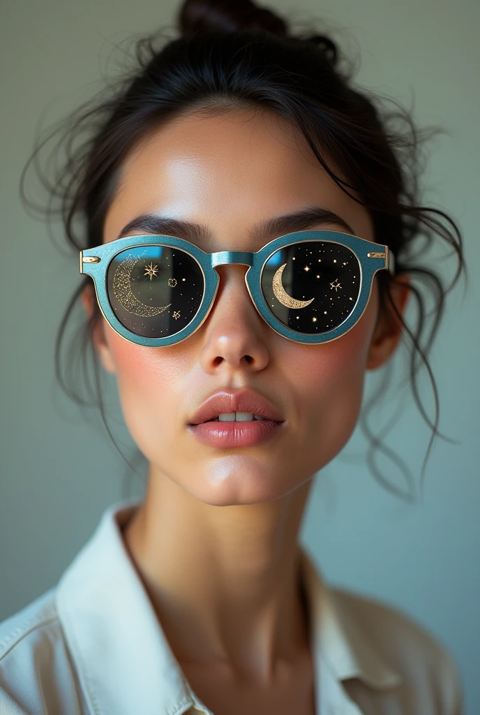 The model is wearing glass sunglasses with stars and the moon on the glass