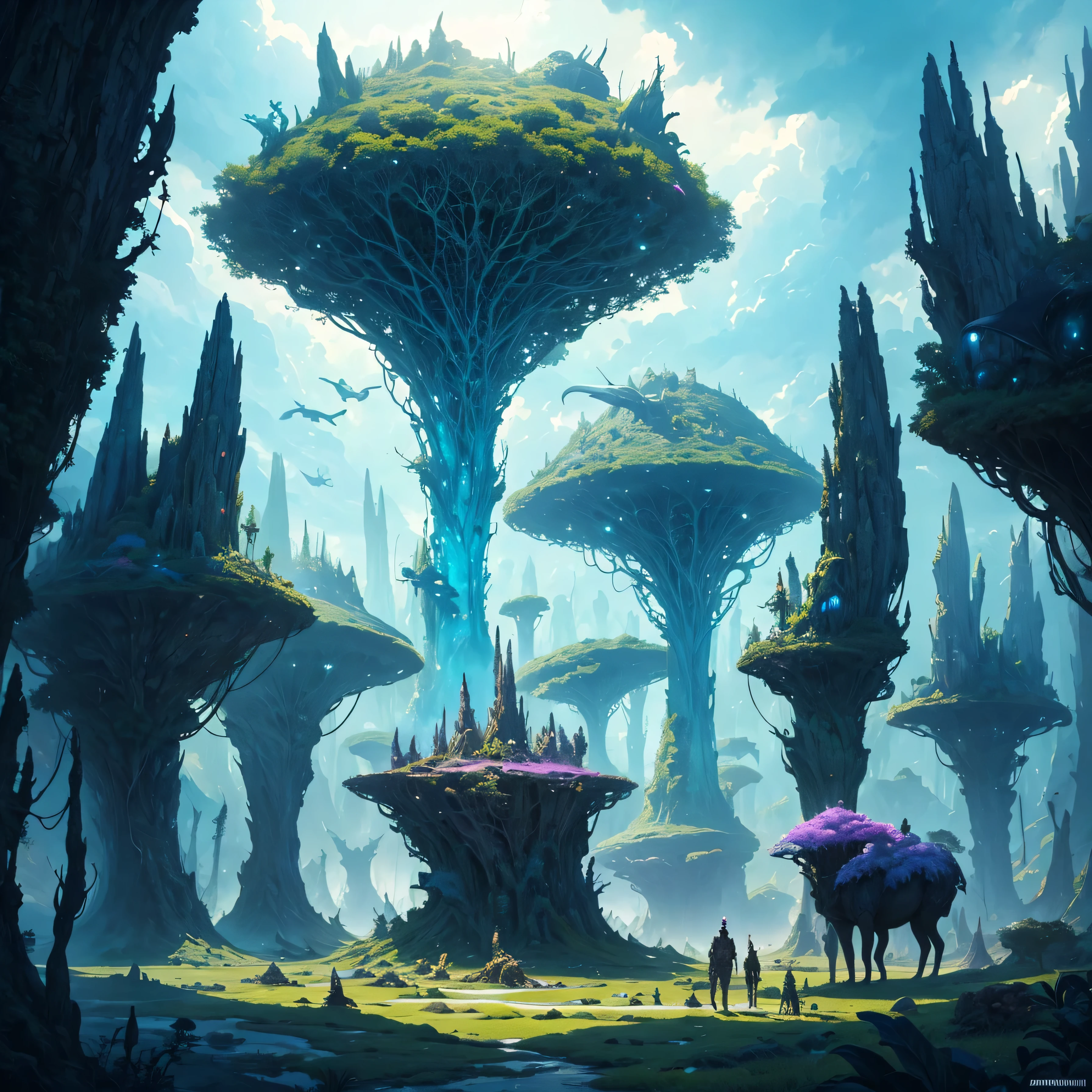 An odd assortment of mystical creatures roaming an extraterrestrial landscape, alien flora intermingling with curious beasts displaying a multitude of peculiar features, enigmatic skies casting otherworldly illumination, panoramic alien world view, wide-angle, rich vivid colors, digital painting, ultra clear, surreal masterpiece