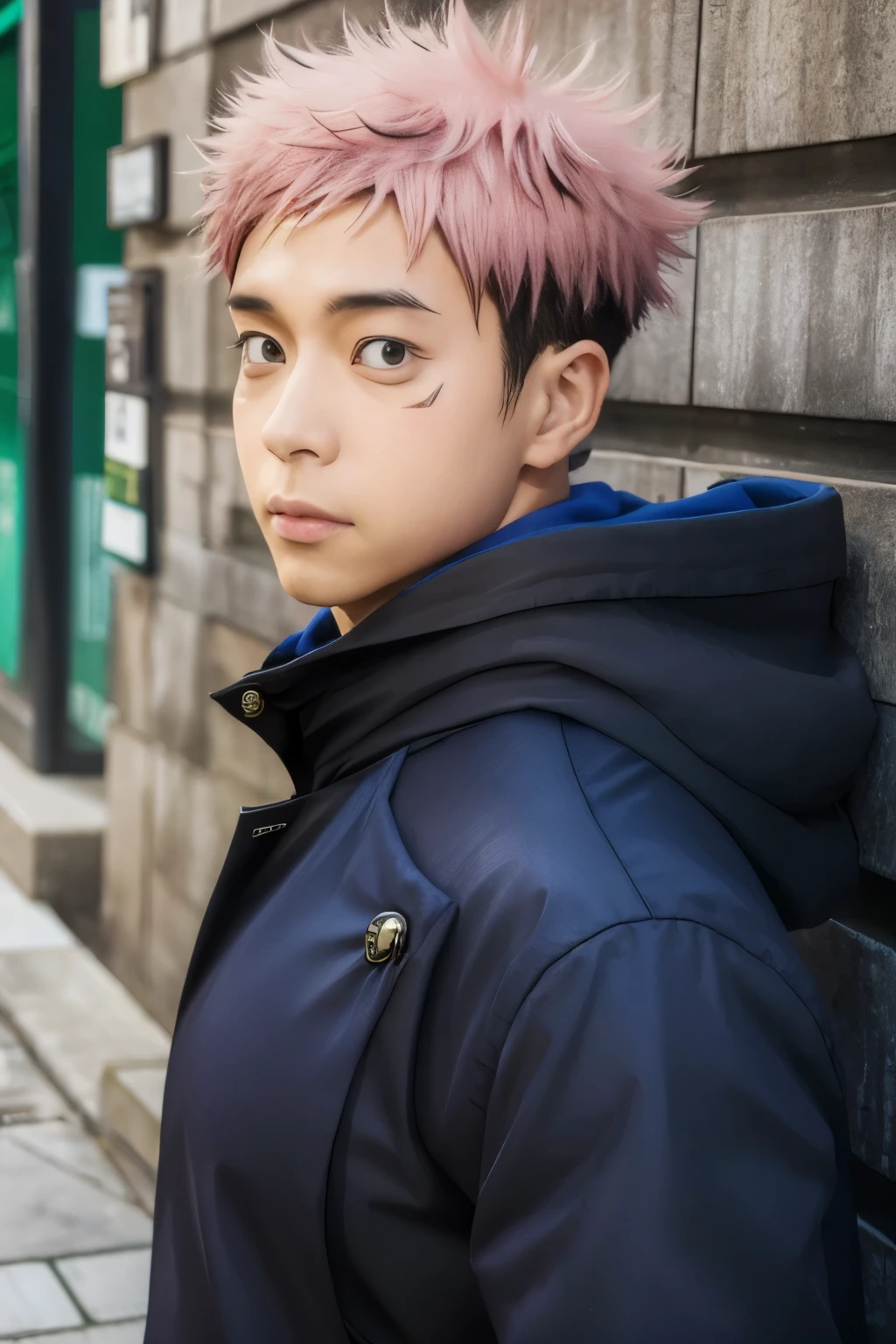 
itadori yuji
facial mark
school uniform
black jacket
hood