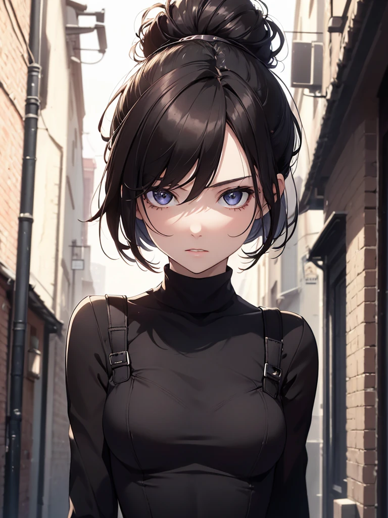 (8K, Best Quality, Masterpiece, Ultra High Resolution) Single Person, 1 Girl, Cute Eyes, Face Details, Pale Skin, Slender, Short, Black Hair, Slender Body, Low Hair Bun, Brown Eyes, Wearing Tight Black Dress, Dark Alleyway, Best Quality, Upper Body, Looking at the Viewer, Facing Viewer, Close Up