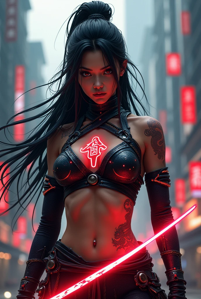Niko Robin is re-imagined as a neo-samurai warrior woman, sexy in body and wearing high-tech samurai armor that glows with neon red accents. Her iconic long hair is loose but with interwoven metal strands giving a futuristic impression. Ancient dragon symbol tattoos glowed faintly on his chest and arms. Nicorobin's eyes were sharp and focused, reflecting the wisdom and strength of a seasoned warrior. In his hand, he held a shining energy katana, with energy swirling around it. The background is a cyberpunk cityscape with towering skyscrapers and floating kanji symbols, combining traditional Japanese elements with a futuristic atmosphere. The color palette is dominated by navy, black and neon highlights, creating a strong and modern warrior aesthetic."
