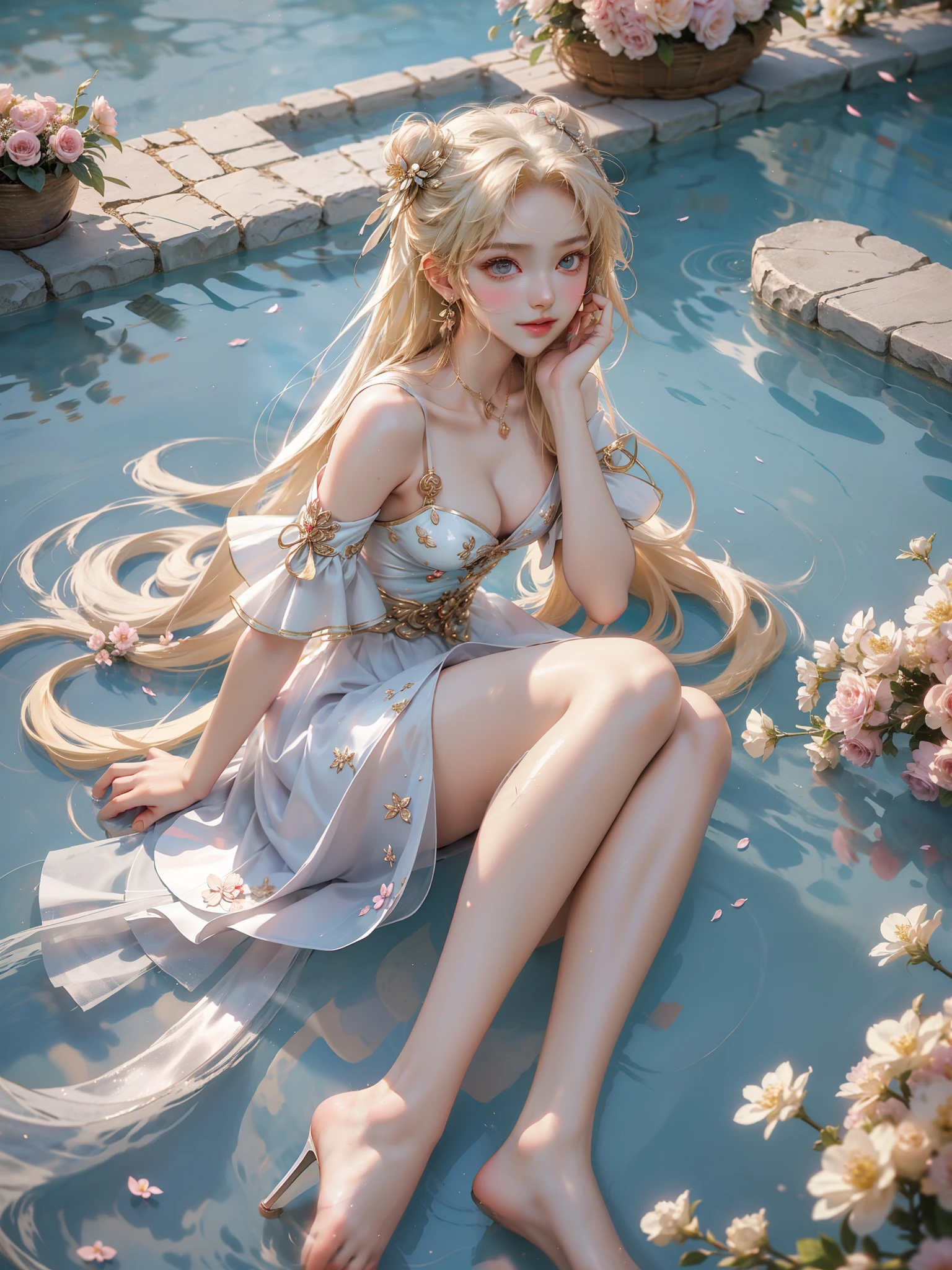 （(Girl lying in the swimming pool))、She gently lifted her skirt with one hand，Make gentle and playful gestures，((Lots of flowers瓣)), Lots of flowers，Many petals scattered，Cherry tree，Petals are flying all over the sky，Beautiful and charming woman, Elegantly, Her full breasts revealed.，Visible cleavage，The skirt is short，Natural legs，Sexy long legs，Slim and cute beauty, Eyes sparkling，Her skin is flawless。Her curves are highlighted。Shine in the light，The color is pastel，She lay confidently，One hand on hip，Her posture is both graceful and strong..。She wore elegant high heels，It matches her dress very well.。In the warm golden sun。The overall atmosphere of the picture is peaceful and uplifting，Emphasis on natural beauty and elegance, Studio Lighting,Vibrant colors, Cute girl, sweet smile, cosmetic，Shy，blush，open mouth，Heavy breathing，moan，超realism，realism，Movie Lighting，Comfort，Sony FE GM，Retina，masterpiece，precise，Anatomically correct，Textured Skin，Super Detail，High Detail，best quality，rich and colorful