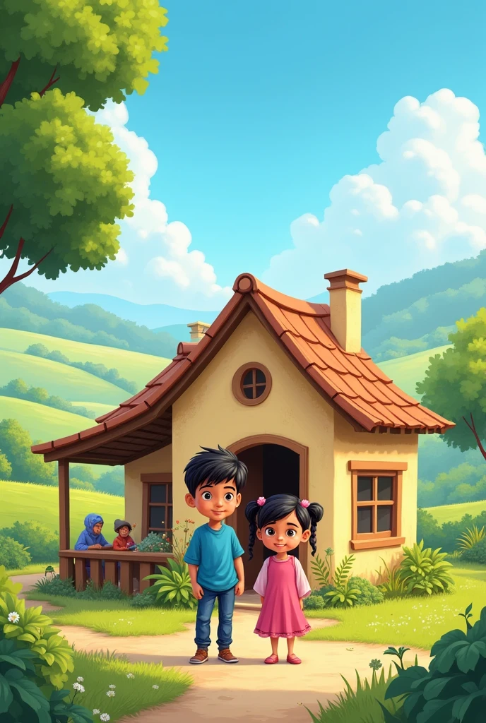 "In a small village, there lived a ten-year-old boy named Arqam and his five-year-old sister, Mishal."
Prompt: An illustration of a small, peaceful village with a boy named Arqam and his sister Mishal standing outside their simple, cozy house. Arqam is wearing a blue shirt and jeans, and Mishal is in a pink dress with pigtails. The village has green fields, trees, and a clear blue sky.